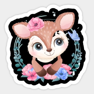 Cute little deer portrait with floral Sticker